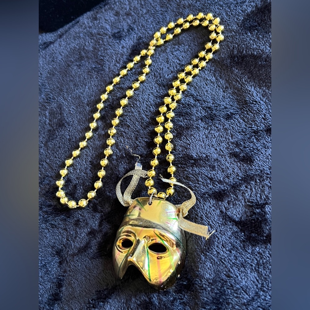 mask mardi gras beads lace necklace metallic gold 32"+ 2.5" curved face. Unisex